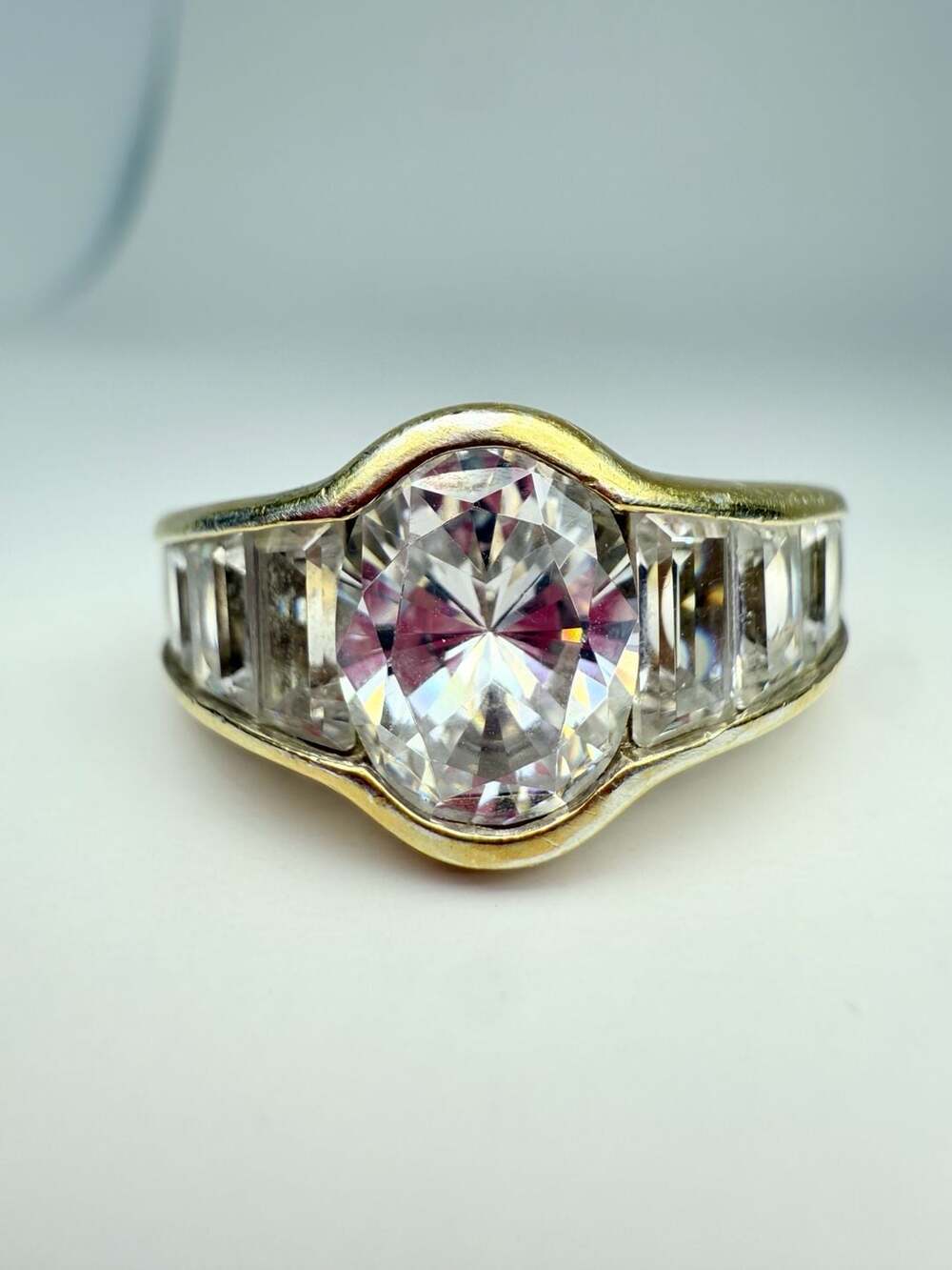 Vintage Gold Tone Oval Crystal Baguette Cocktail Ring Size 8.5